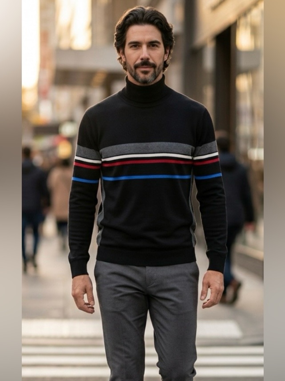 Eddie Bauer Men’s Black Striped Cotton Classic Turtleneck Sweater